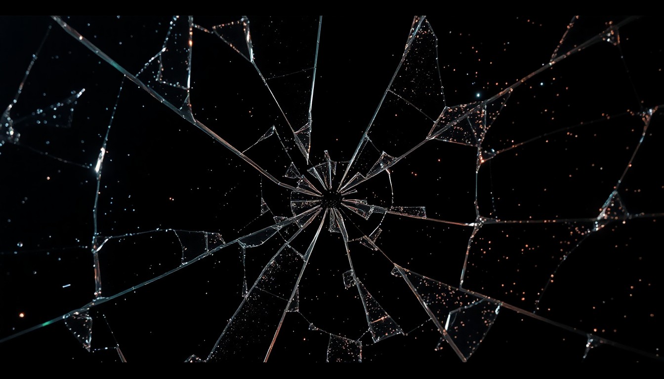 An extreme, abstract close-up of a shattered, glittering glass surface in high-contrast studio lighting, conveying the dramatic and uncertain fate of a TV character through its fragmented, high-fashion aesthetic.