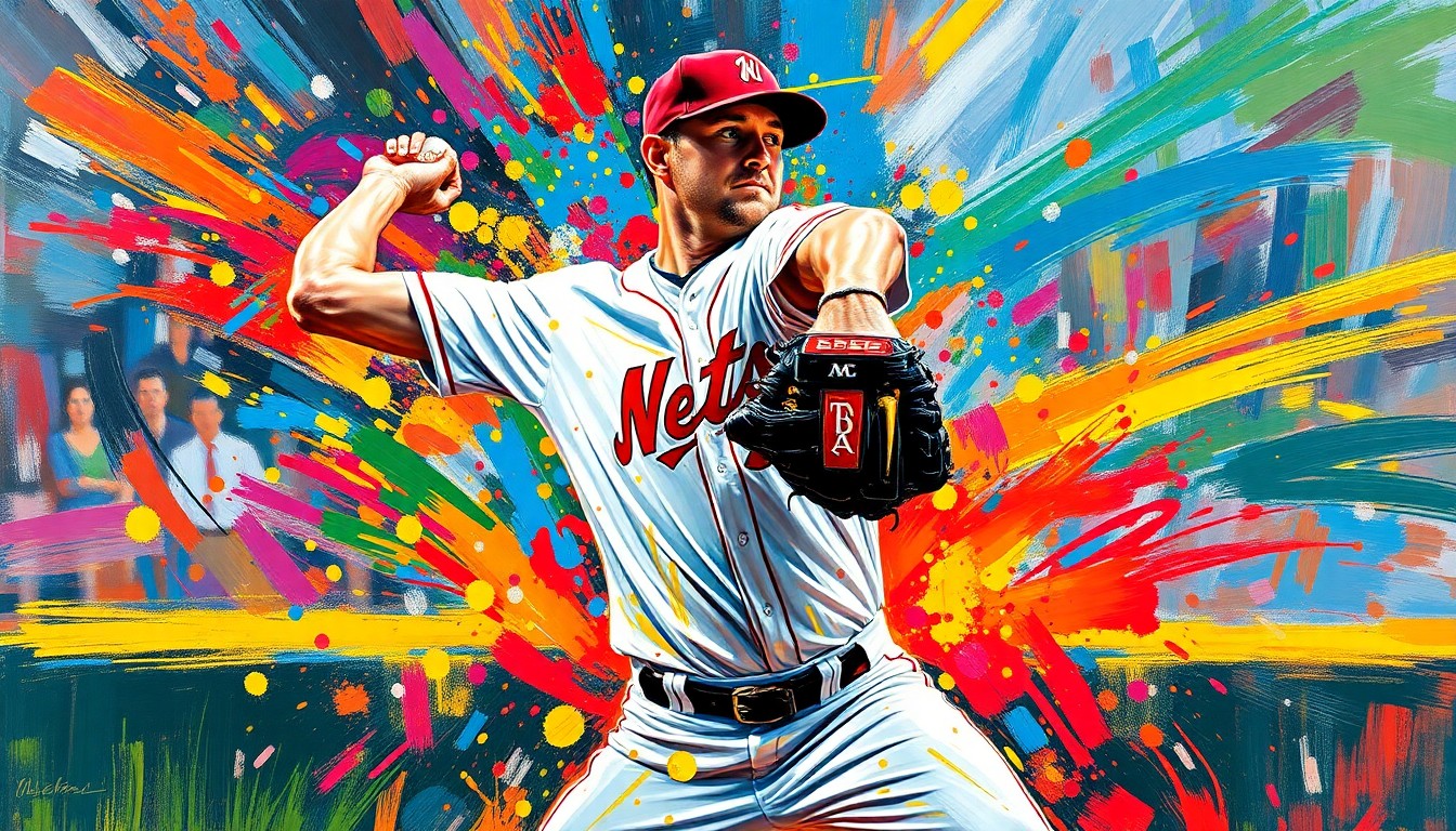 An abstract, energetic painting in neon colors depicting the intense motion and power of a baseball pitcher's delivery, with the player's features obscured by the expressive brushwork.