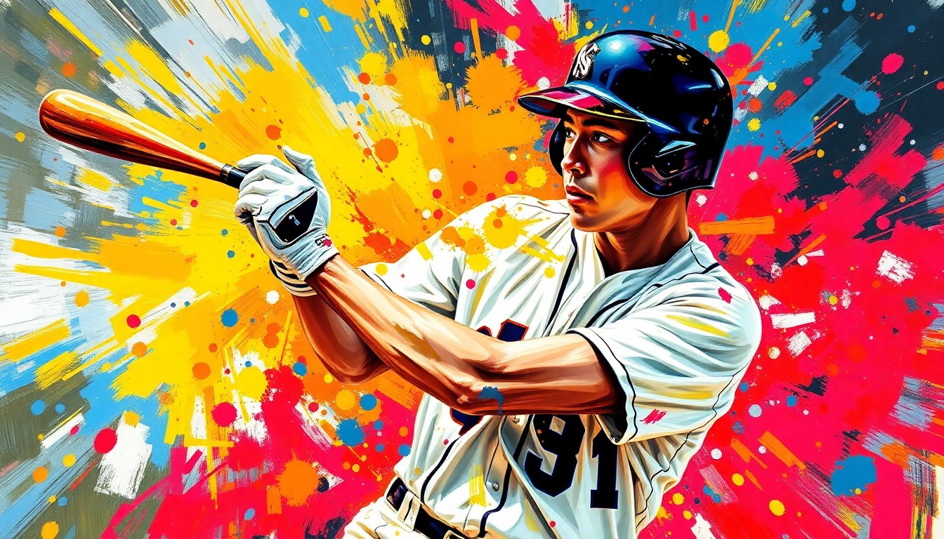 An abstract, expressionist painting featuring bold, neon-colored brushstrokes that capture the dynamic motion and energy of a baseball player's batting swing, with the player's face and uniform details dissolved into unrecognizable splatters of paint.