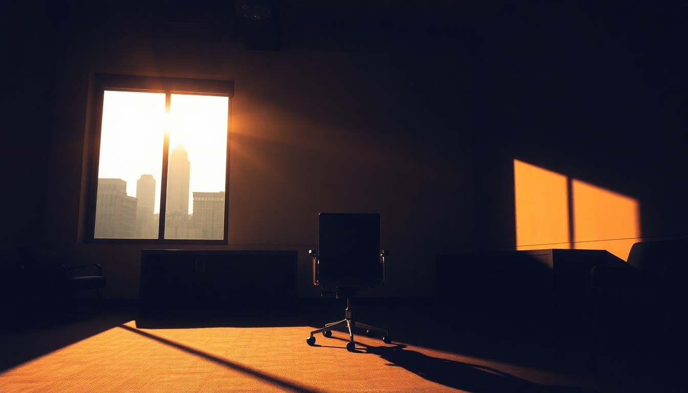 A moody, cinematic painting of an empty corporate boardroom chair, bathed in warm, golden sunlight and deep shadows, conveying a sense of melancholy and economic decline in the city.