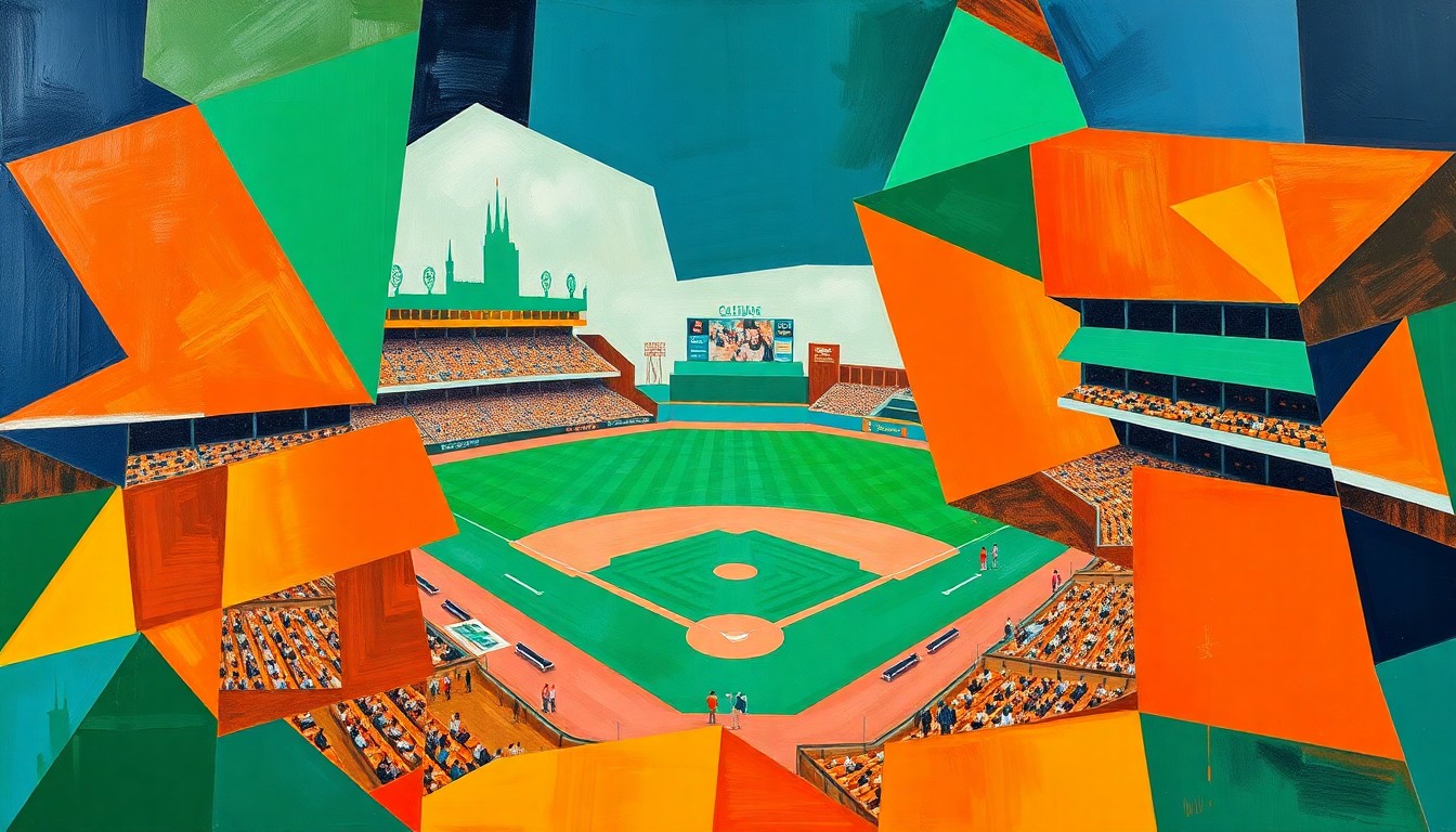 A fractured, geometric painting depicting a college baseball game, with sharp planes of bright orange, navy blue, and emerald green representing the dynamic action on the field.