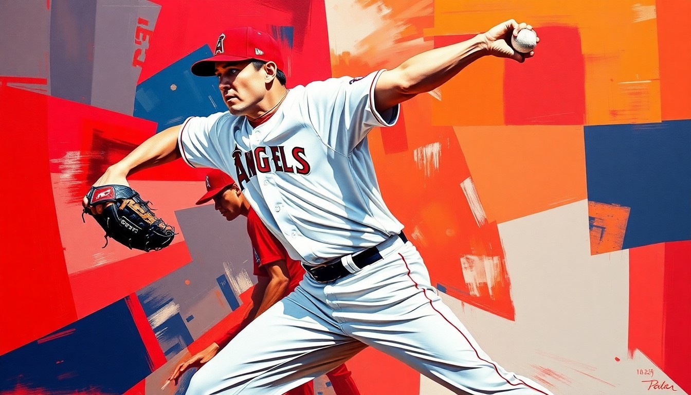 A cubist, geometric painting depicting a baseball pitcher's throwing motion broken down into sharp, overlapping shapes and planes in the Angels' team colors of red, white, and navy blue.