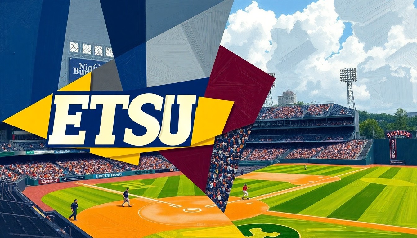 A cubist-style painting depicting a baseball game broken down into overlapping geometric shapes and planes in the colors of the ETSU Buccaneers and Radford Highlanders, conveying the dynamic action and competitive spirit of the matchup.