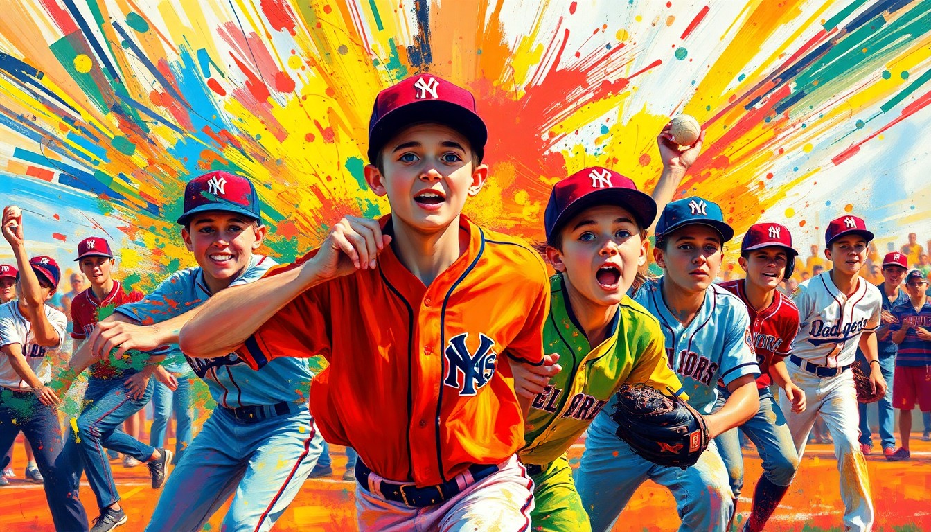 An abstract, energetic painting featuring bold brushstrokes and neon colors that capture the raw intensity of a high school baseball game, with players' forms dissolving into vibrant splashes of paint.