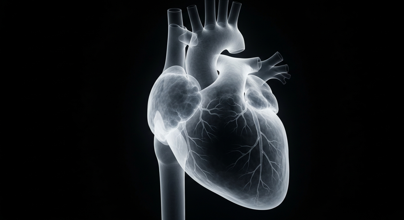 An extreme macro, translucent X-ray photograph revealing the internal structure of a human heart, glowing with electrical pulses against a dark background, conceptually representing the life-saving potential of an accessible AED device.