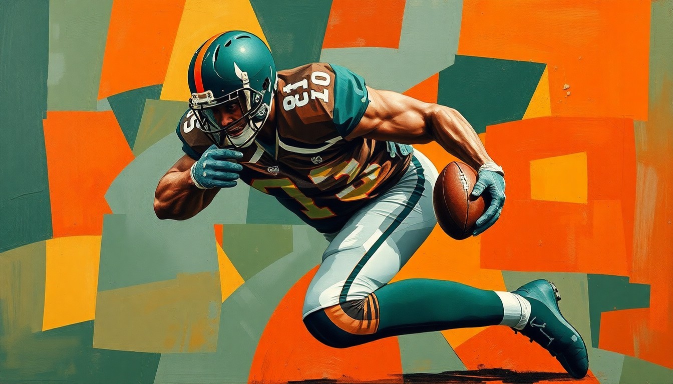 A fragmented, geometric painting depicting a linebacker making a tackle, with sharp planes of color and movement capturing the dynamism of the play.