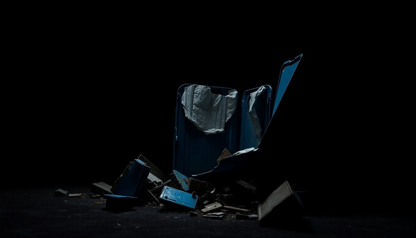 An extreme close-up photograph of the shattered remains of a blue porta-potty, with the jagged edges and splintered plastic creating a stark, gritty visual that conceptually illustrates the aftermath of a suspected explosive incident.