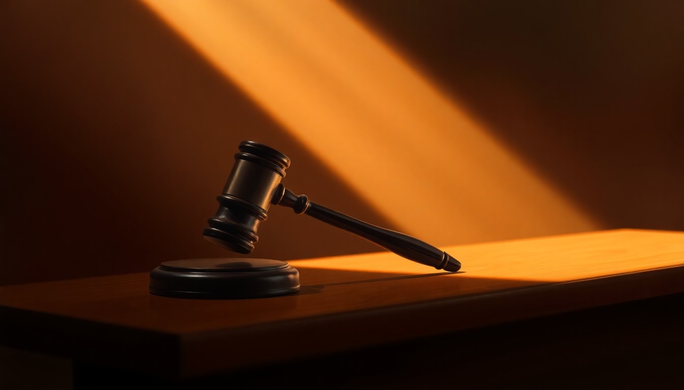 A close-up view of a judge's gavel resting on a wooden bench, with the gavel's shadow casting a diagonal pattern across the surface, creating a sense of solemnity and contemplation.