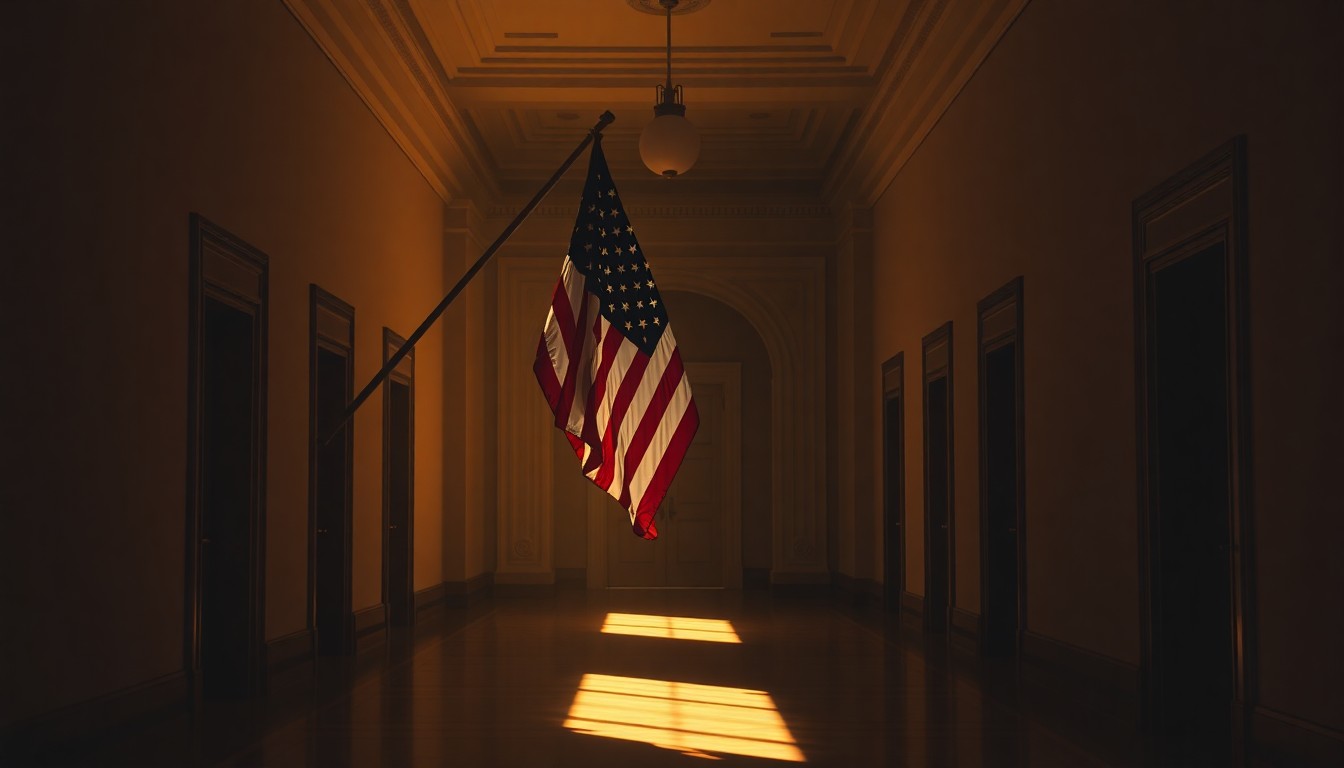 A dimly lit, cinematic painting of an American flag waving in the warm sunlight of an empty government building hallway, conceptually representing the political tensions and shifting power dynamics in Georgia's 14th District.