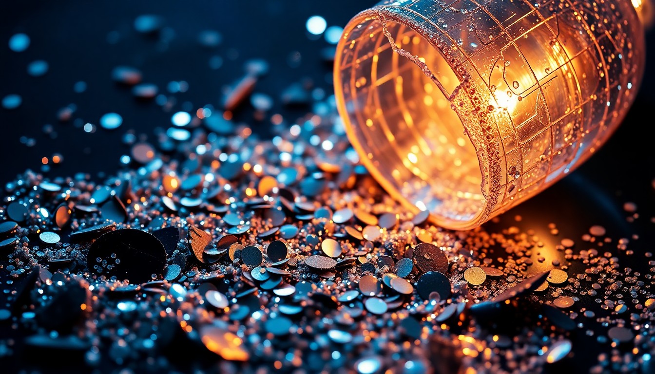 An extreme close-up photograph of shimmering sequins and shattered glass, capturing the glitz and glamour of celebrity culture in a dramatic, high-contrast studio lighting setup.