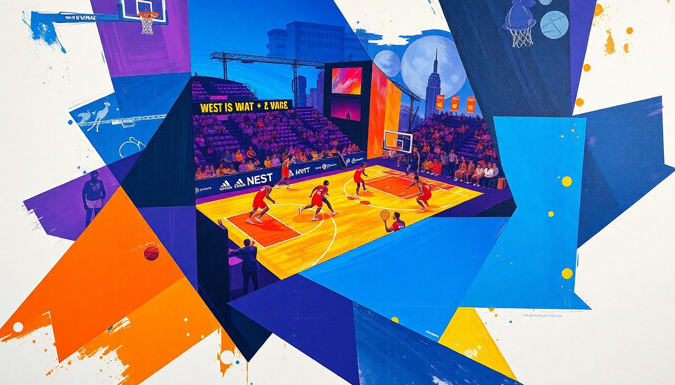A cubist, geometric painting depicting the motion and energy of a WNBA basketball game, with sharp, overlapping planes of vibrant colors like electric blue, fiery orange, and deep purple.