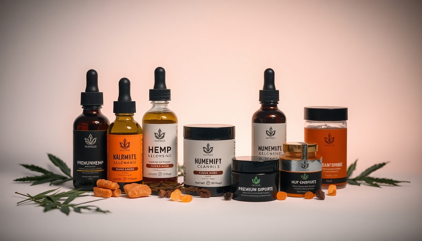 A high-end, photorealistic studio still-life photograph featuring a carefully arranged composition of premium hemp products, including tinctures, gummies, and topical creams, set against a clean, monochromatic background with dramatic lighting and deep shadows, conceptually representing the nuanced policy debates surrounding cannabis-derived products.