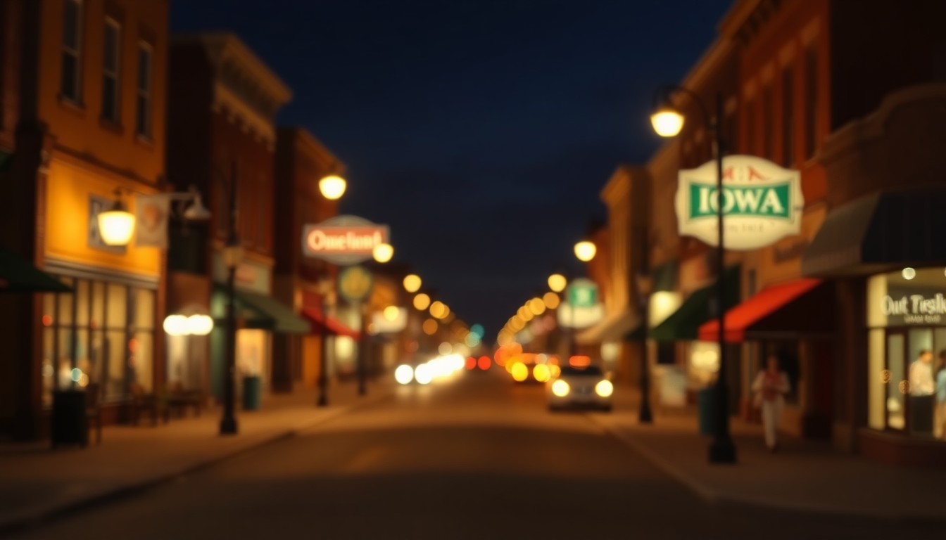 An extremely abstracted, out-of-focus photograph shot through condensation or rain-streaked glass, composed of warm pools of light and shadow that evoke a sense of small-town community and nostalgia.