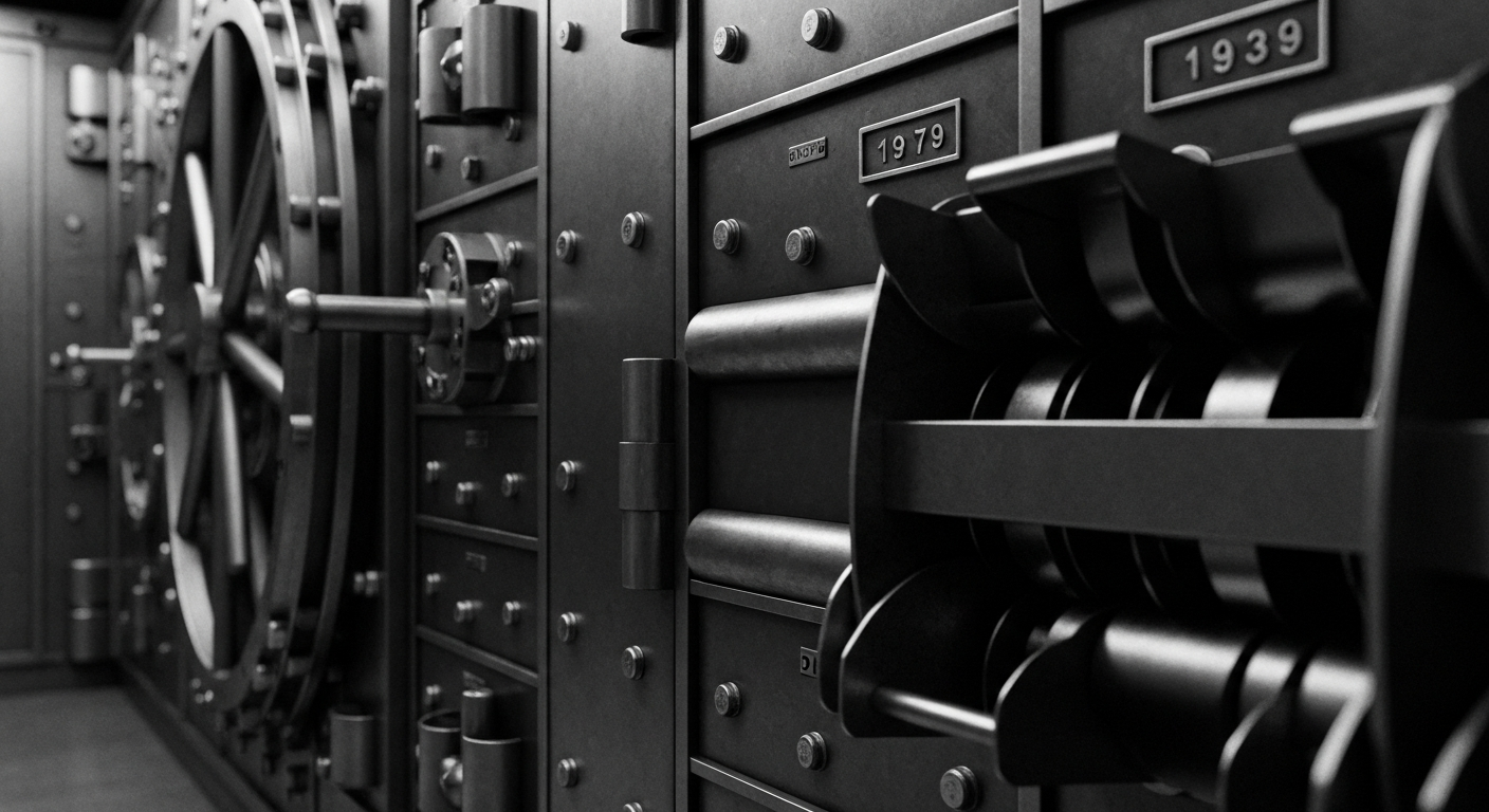 A high-contrast, black-and-white close-up image of heavy banking machinery, such as vault doors or currency counting equipment, conceptually representing the financial security and infrastructure underlying the regional banking sector.