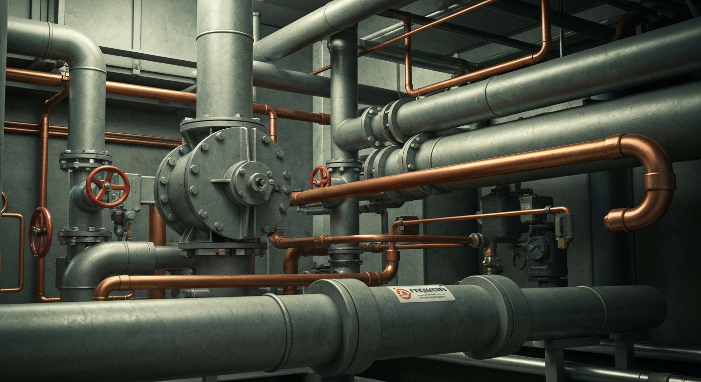 An extreme close-up of heavy, industrial plumbing and HVAC equipment in muted, metallic tones, conceptually representing the financial infrastructure and machinery that powers Ferguson's business operations.