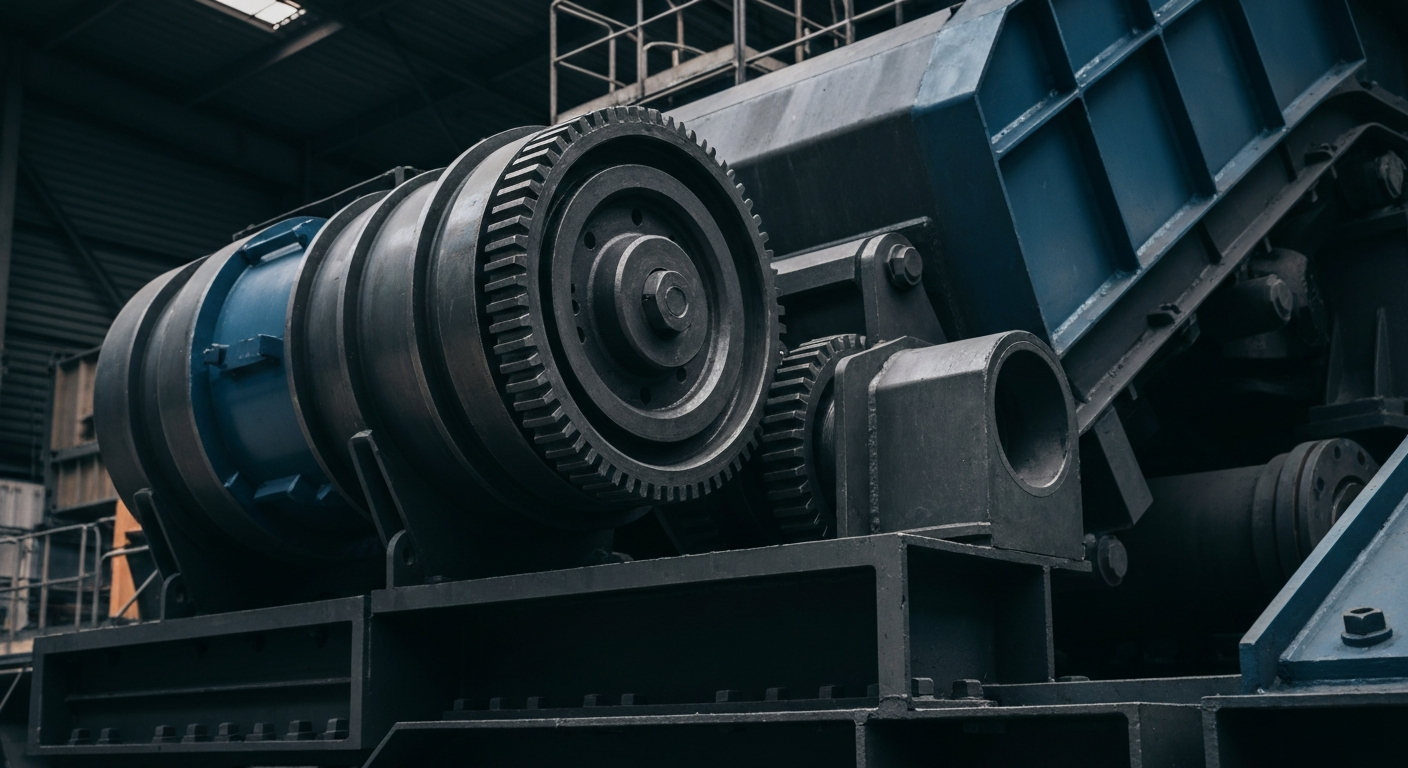 An extreme close-up of rugged, industrial lithium mining equipment and machinery, conveying the physical, mechanical nature of this vital energy industry.