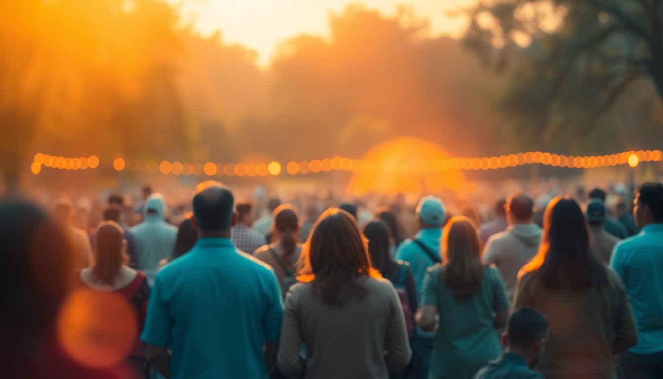 An abstract, impressionistic scene of people gathered in a park, with soft, blurred shapes and muted colors creating a sense of community, reflection, and spiritual connection.