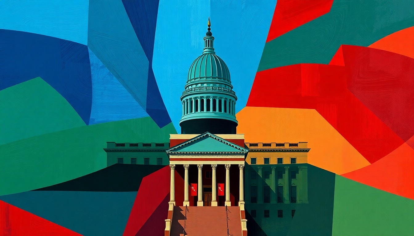 A vibrant, abstract painting featuring the Wisconsin State Capitol building rendered in overlapping, fractured geometric shapes in shades of blue, green, and red, capturing the dynamic political changes happening in the state.