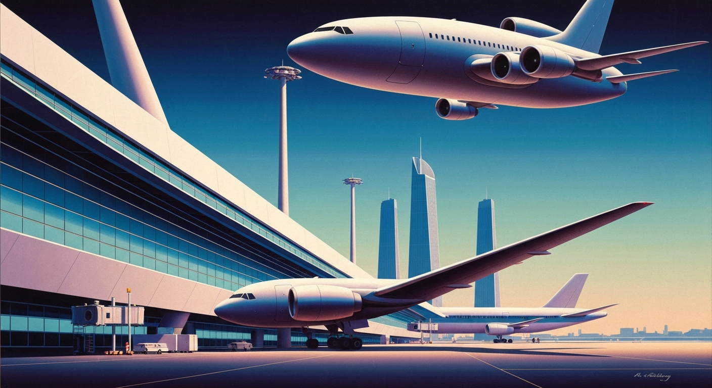 A highly stylized, geometric illustration depicting the grand scale and streamlined forms of an airport terminal, capturing the excitement and momentum of new air travel routes to the Caribbean.