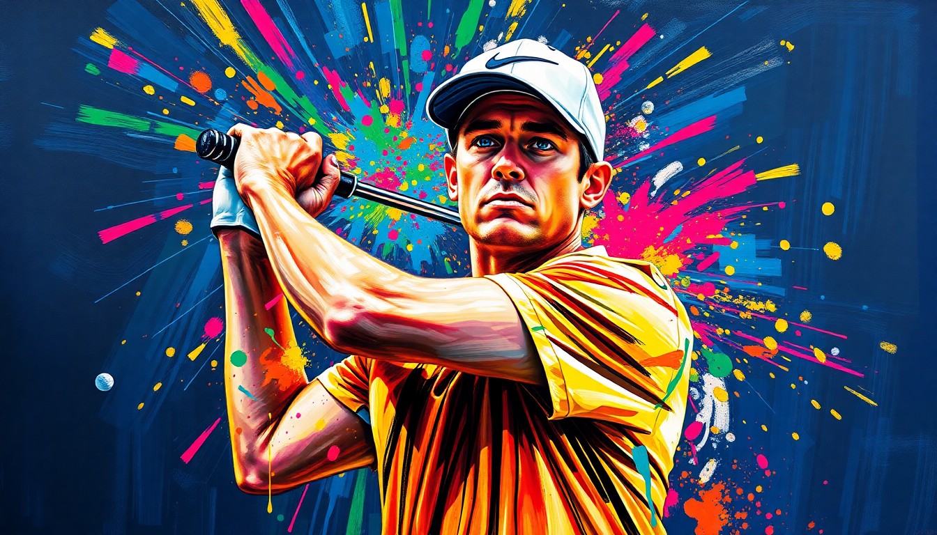 An extreme close-up of a professional golfer's body in motion, with vibrant, expressive brushstrokes in neon colors capturing the raw energy and determination of the athlete's comeback performance.
