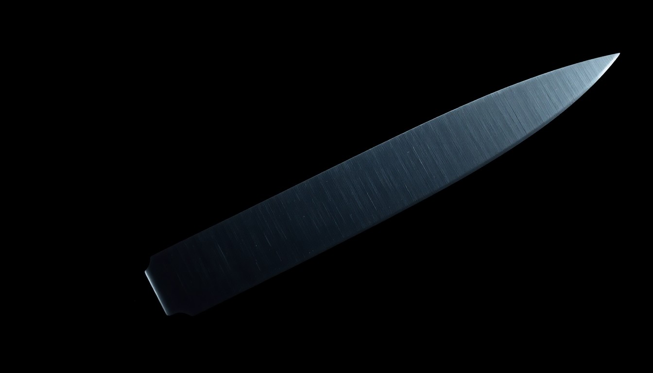An extreme close-up of a knife blade against a stark black background, lit dramatically by a harsh camera flash, conceptually representing the violence of a domestic stabbing incident.