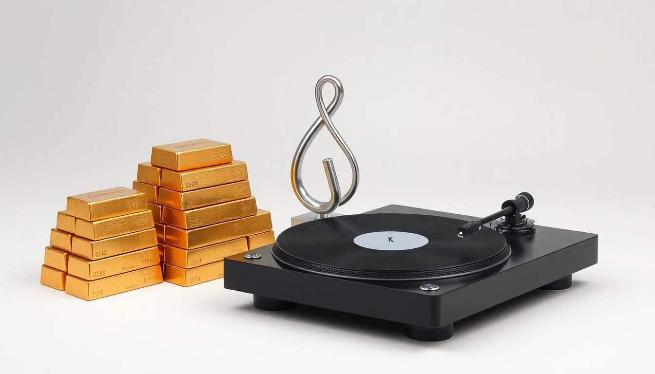 A photorealistic studio still life featuring a stack of gold bullion bars, a silver music note sculpture, and a sleek black turntable, symbolizing the financial power and cultural influence of the music industry.