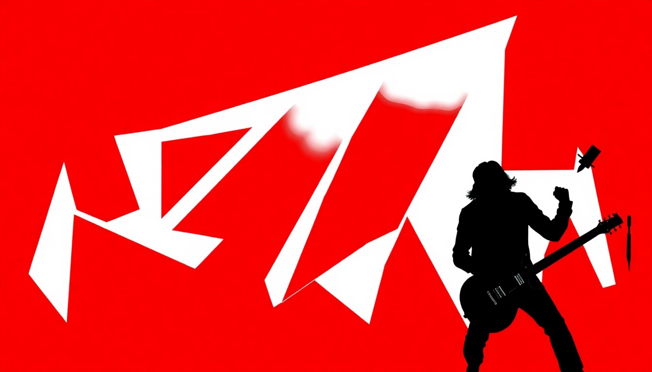 An abstract, minimalist illustration featuring bold, jagged geometric shapes in striking red and white, conveying the raw energy and emotion of a live music performance.