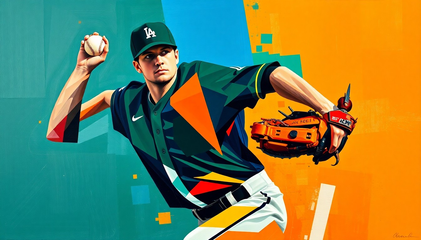 A fragmented, geometric painting depicting the motion of a baseball pitcher, with the player's form broken down into sharp, overlapping shapes in a vibrant color palette, conveying the dynamic nature of the sport.