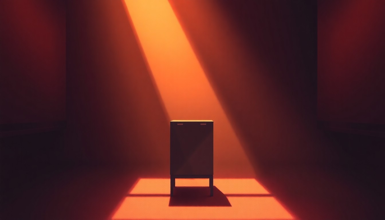 A dimly lit, cinematic painting of a lone voting booth or ballot box sitting in a quiet, sunlit urban setting, conveying the solemnity and significance of local elections.