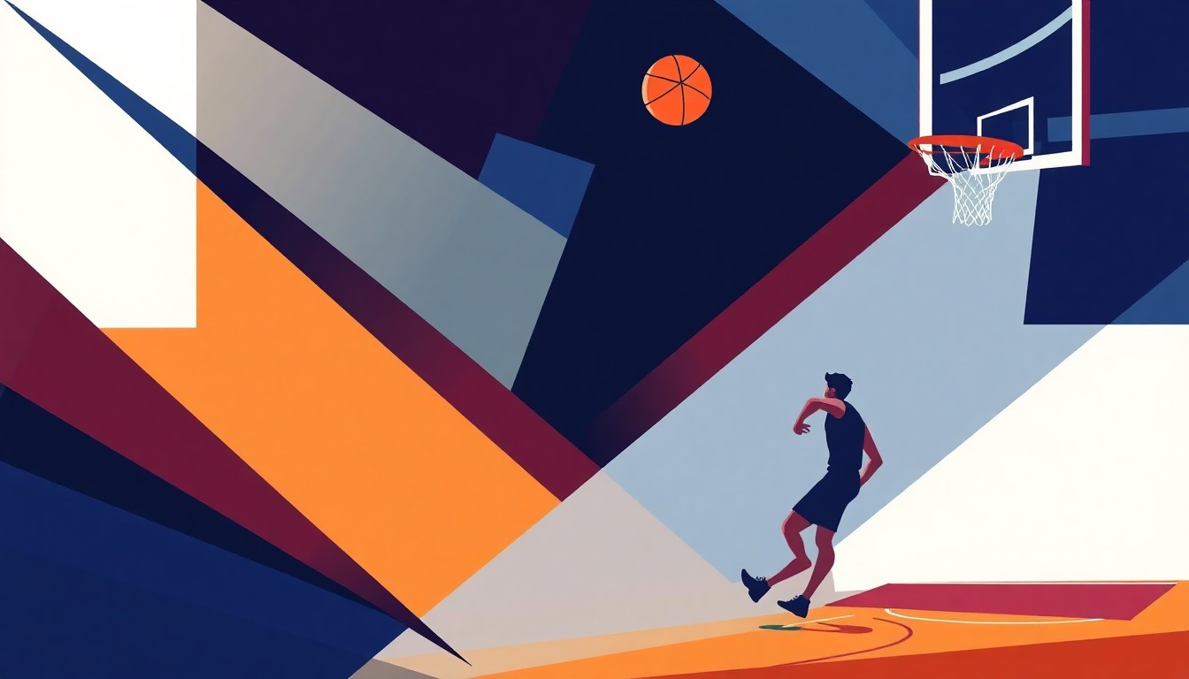 A cubist, geometric painting with sharp, overlapping planes of color and movement, capturing the dynamic energy of a college basketball game without any identifiable players or teams.
