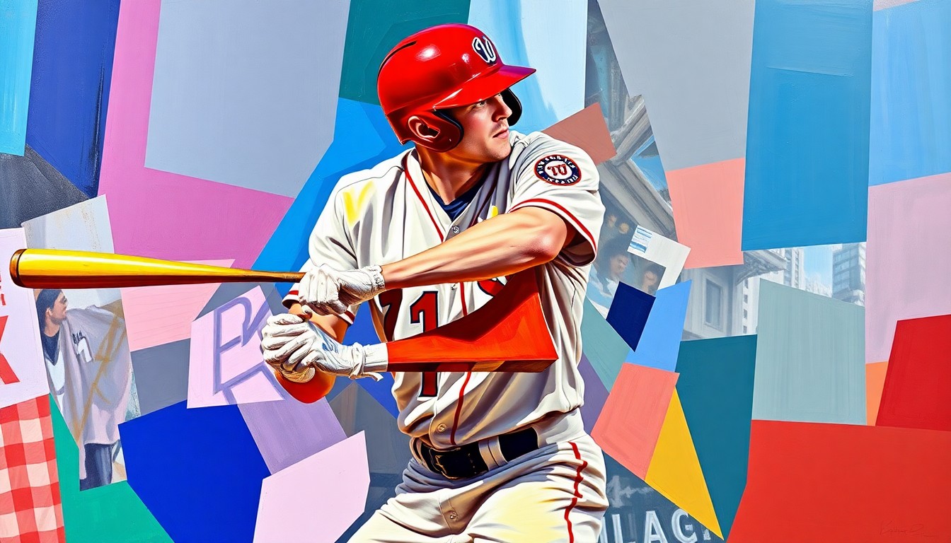 A cubist, geometric painting depicting a baseball player's batting motion broken down into sharp, overlapping planes of color, representing the energy and potential of a rising minor league star.