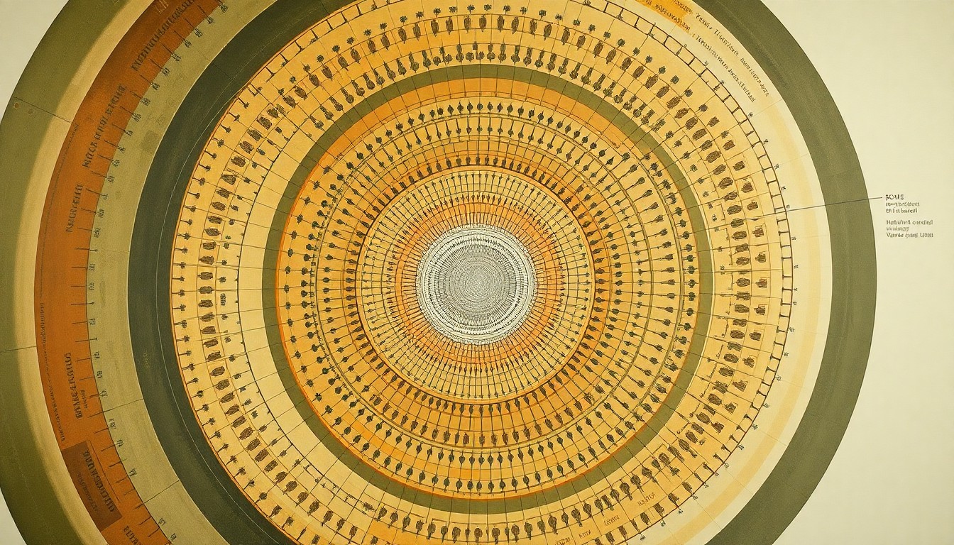 A bold, abstract painting featuring sweeping geometric arcs, concentric circular patterns, and precise botanical spirals in earthy tones, conceptually representing the complex interconnected forces and structures of modern precision farming technology.