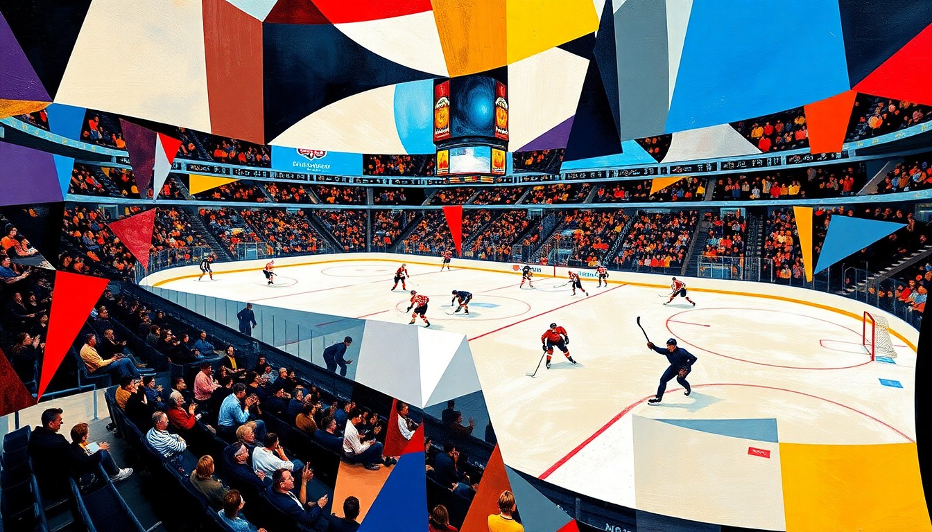 A fractured, multi-perspective painting breaking down a hockey game into sharp, overlapping geometric planes of color and form, with players and the puck reduced to abstract shapes and the ice rink and arena seating deconstructed into a kaleidoscopic composition.
