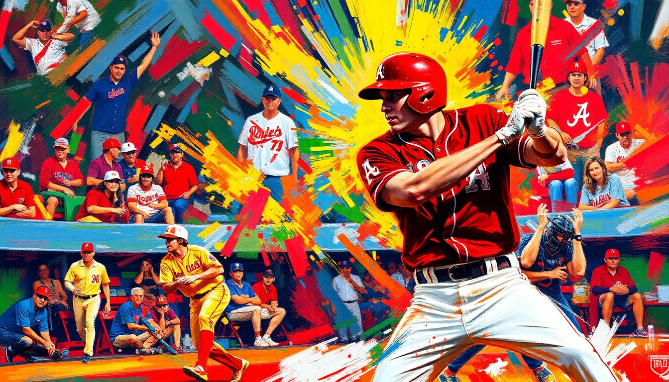 An abstract, expressionist painting featuring bold, energetic brushstrokes in neon shades of red, orange, and blue, conveying the intensity and excitement of a college baseball game.