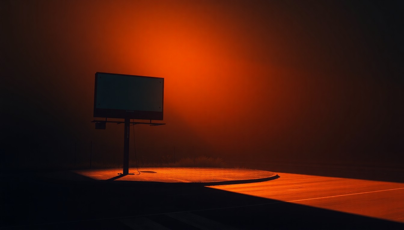 A serene, photorealistic painting of a lone political campaign sign or billboard set against a backdrop of warm, golden sunlight and deep, dramatic shadows, conveying a sense of quiet contemplation around the state's economic issues.