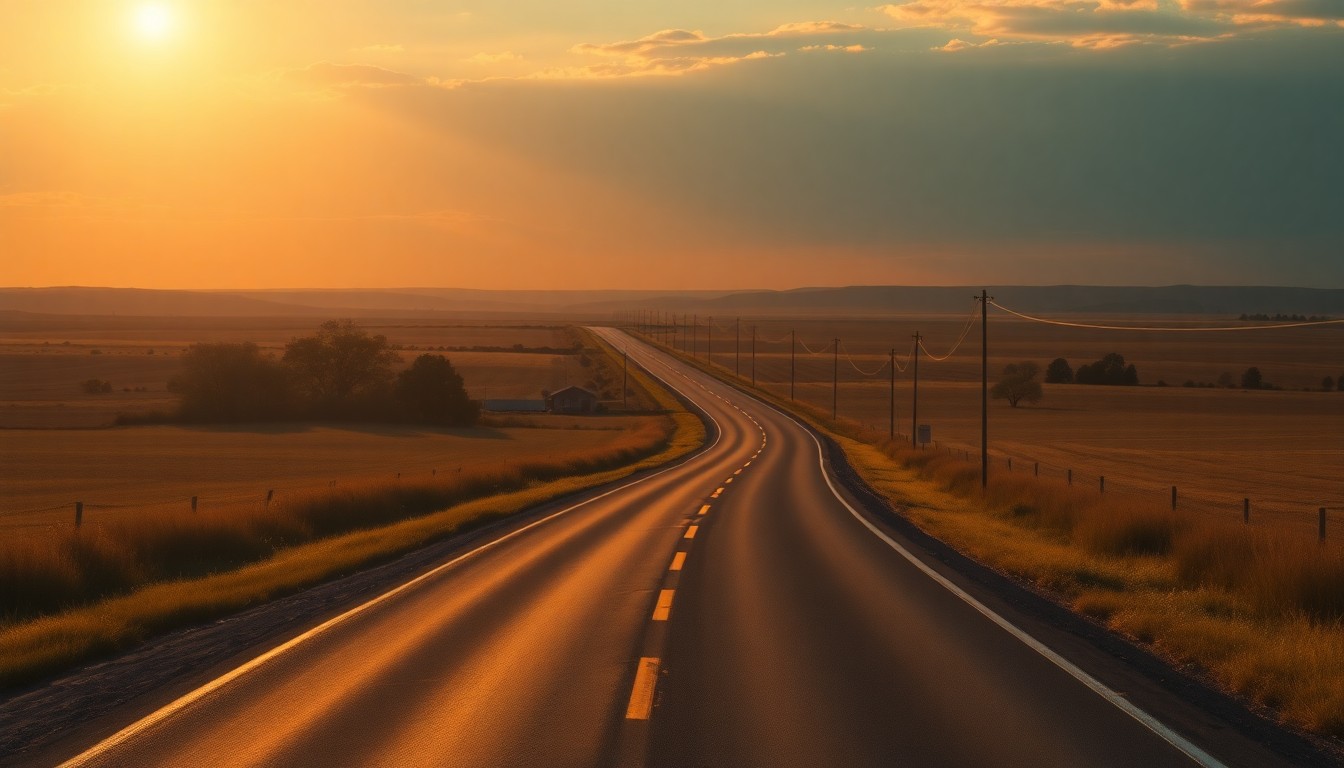 A serene, painterly landscape featuring an empty two-lane country road winding through rolling hills, with the road bathed in warm, golden sunlight and deep shadows, conceptually representing the community's investment in critical transportation infrastructure.