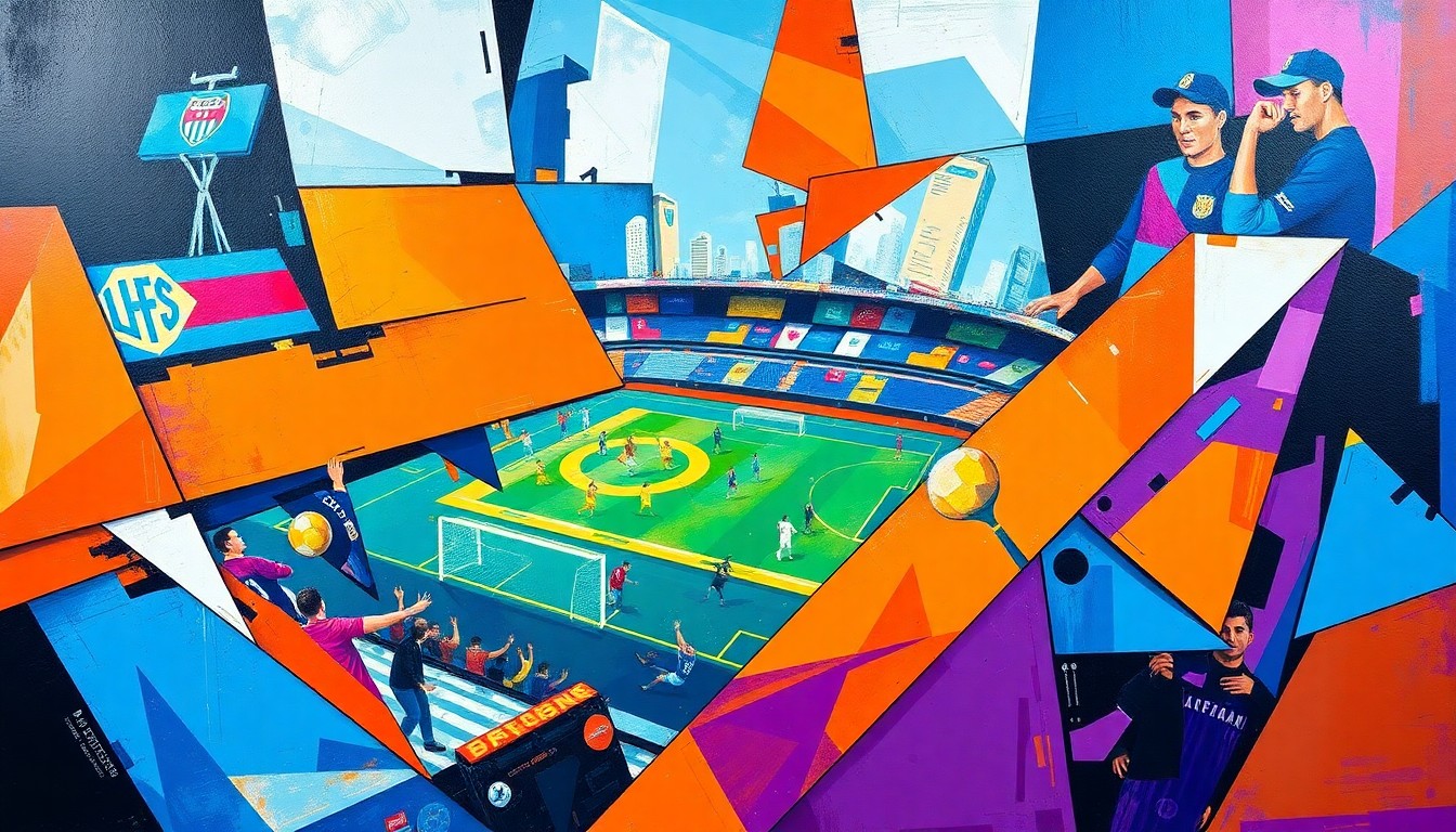 A fractured, cubist-style painting depicting the action of a soccer match, with players and the ball broken down into sharp, overlapping geometric shapes in a vibrant color palette.