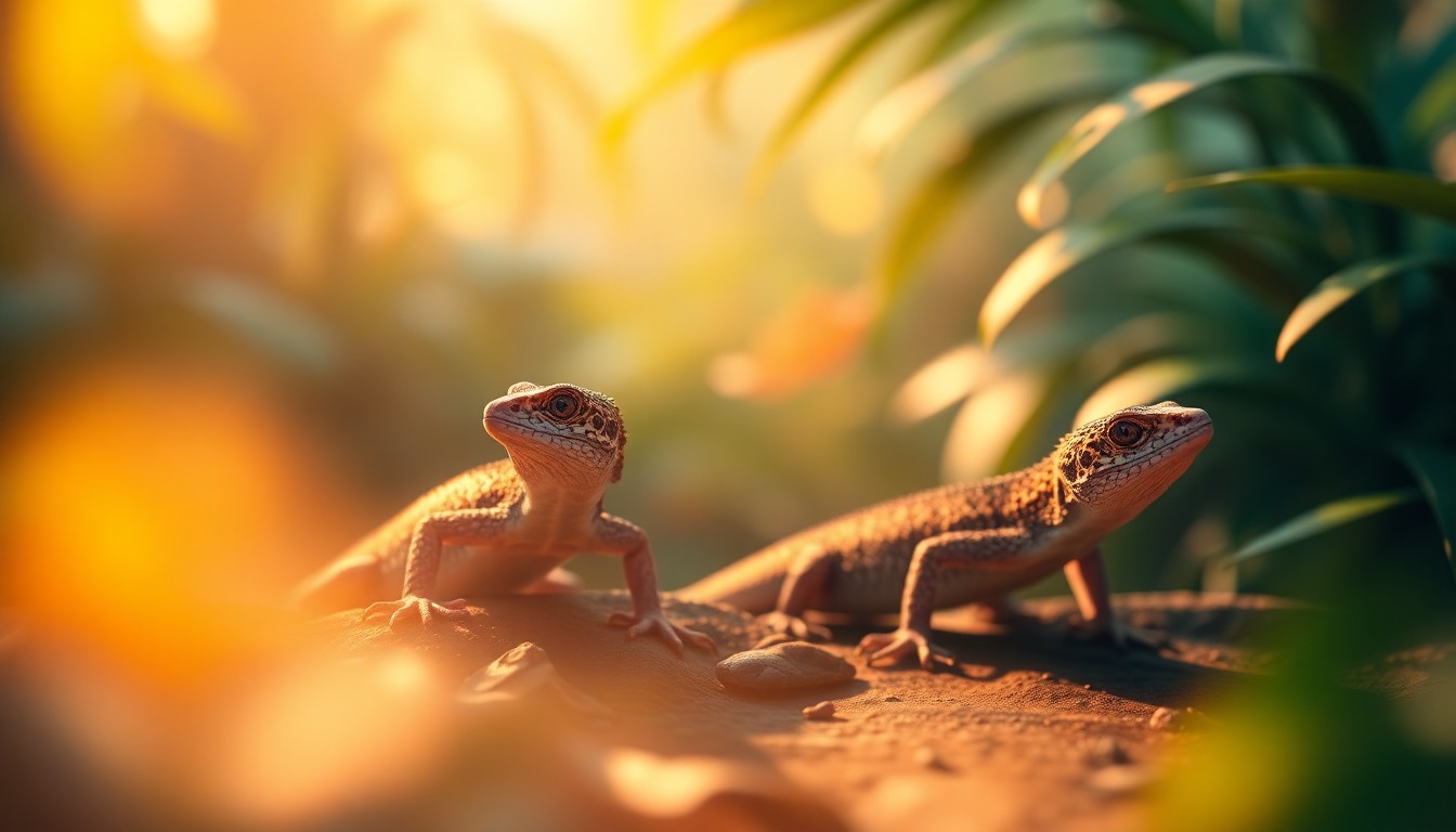 A blurred, impressionistic scene of two lizard-like creatures in a tropical setting, with soft, warm colors and light creating a dreamlike, atmospheric composition that captures the essence of the Solomon Island skinks and their natural habitat.