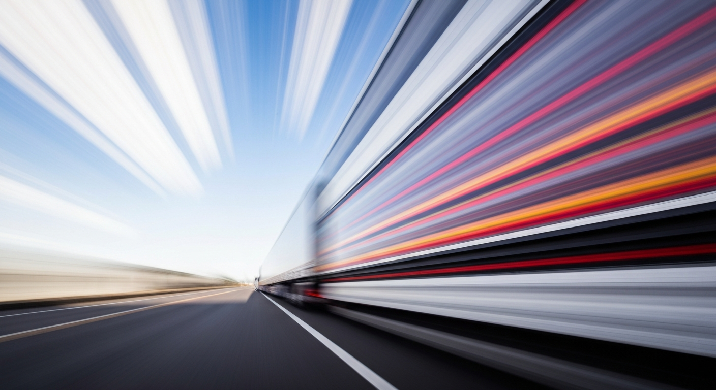 An abstract, blurred image of a semi-truck in motion, with streaks of bright colors representing the speed and energy of autonomous freight transportation.