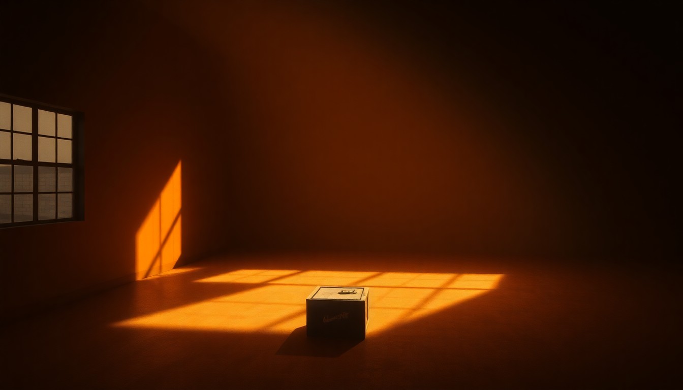 A dimly lit, cinematic painting of an empty city street corner, with a lone street sign or other subtle political symbol casting long shadows across the pavement in the warm glow of the setting sun, conceptually representing the quiet tensions and fears within immigrant communities.