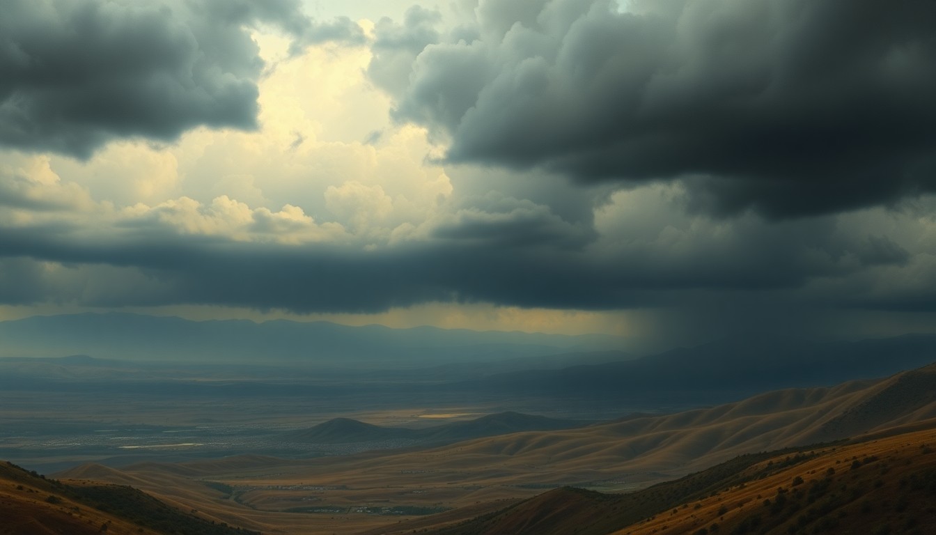 A vast, atmospheric landscape painting in muted tones of grey, blue, and green, depicting the Santa Clarita Valley under a heavy, ominous sky. The scene conveys a sense of the overwhelming scale and power of the natural environment, with any physical structures or landmarks obscured by the dramatic, foreboding weather conditions.