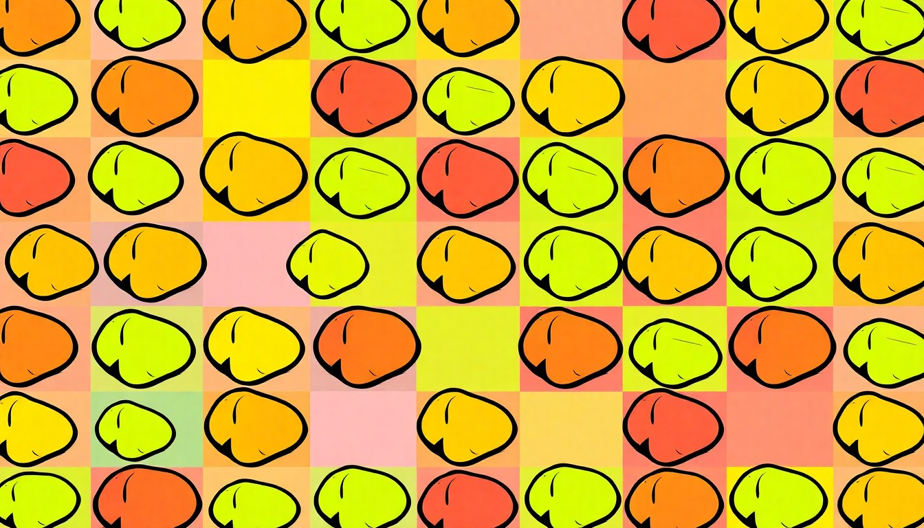 A brightly colored, high-contrast silkscreen print of a single, iconic Idaho potato repeated in a tight grid pattern, utilizing flat, vibrant, and unnatural neon color palettes overlapping with heavy black photographic outlines to turn this everyday agricultural product into modern pop art.