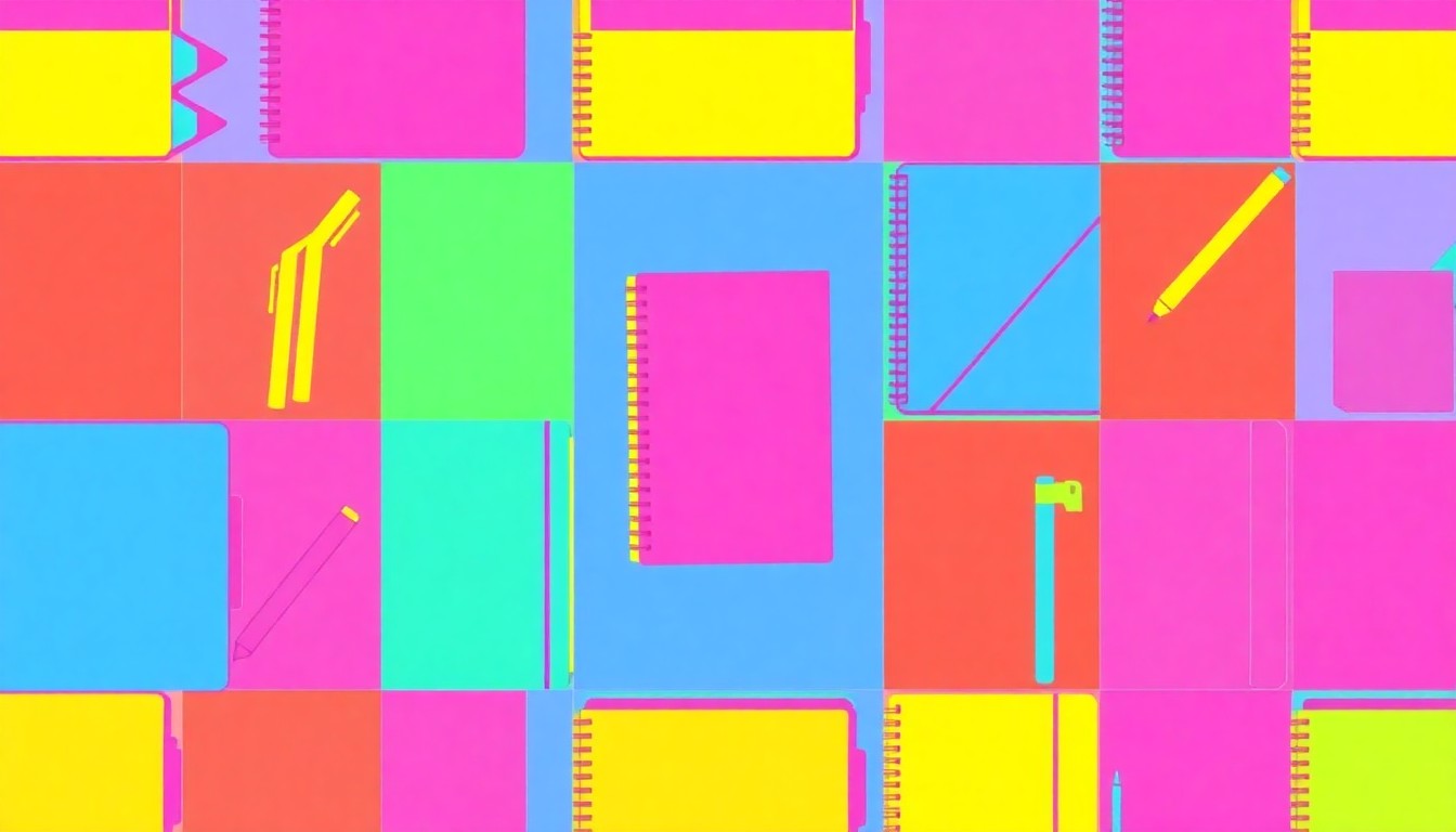 A highly stylized, abstract grid of brightly colored school supplies in a pop art silkscreen style, conceptually representing the continuity of leadership in Madison's public schools.