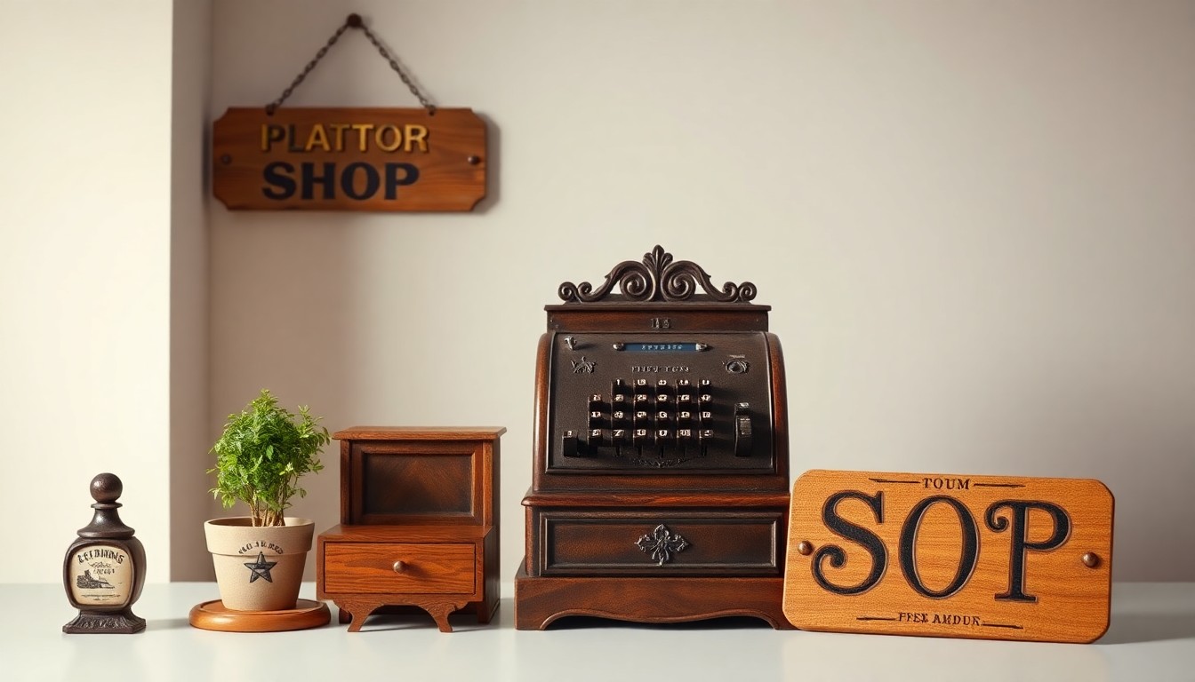 A high-end, photorealistic studio still-life photograph featuring a carefully arranged display of premium business objects such as a vintage cash register, a hand-carved wooden sign, and a small potted plant, all set against a clean, monochromatic background to symbolize the character and craftsmanship of mom-and-pop shops.