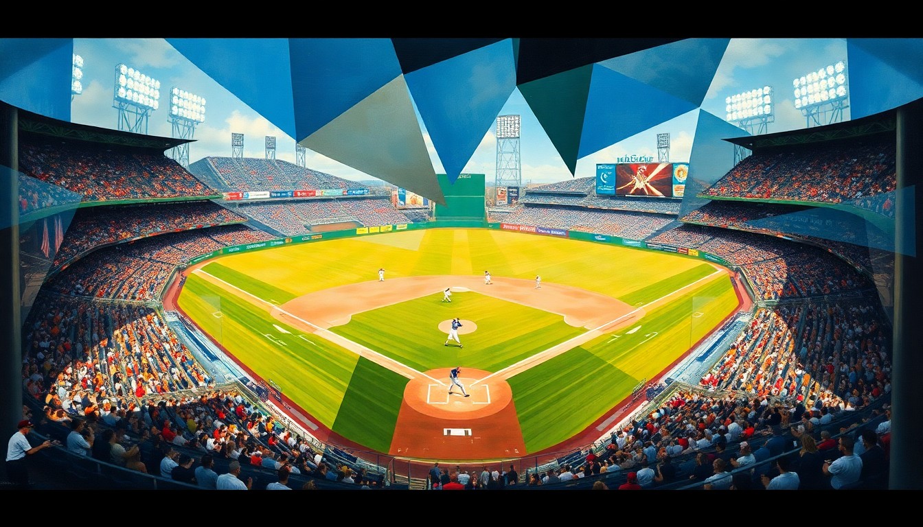 A cubist, geometric painting depicting a baseball game in progress, with the players, field, and crowd broken down into sharp, overlapping planes of color and abstract shapes.