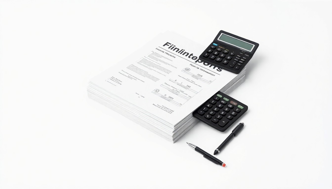 A minimalist studio still life photograph featuring a stack of financial reports, a calculator, and a pen arranged elegantly on a clean, monochromatic background, conceptually representing the abstract concepts of corporate strategy, finance, and risk management.