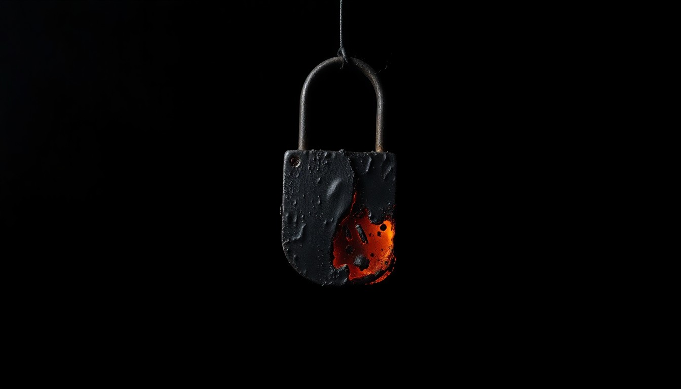 An extreme close-up photograph of a charred and melted storage unit lock, conceptually illustrating the damage and uncertainty faced by renters after a second fire at a Milwaukee storage facility.