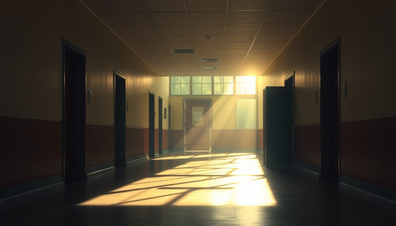 A serene, painterly image of an empty school hallway with warm, golden light streaming through the windows and deep shadows, conveying a sense of contemplation and transition surrounding the local school board election.
