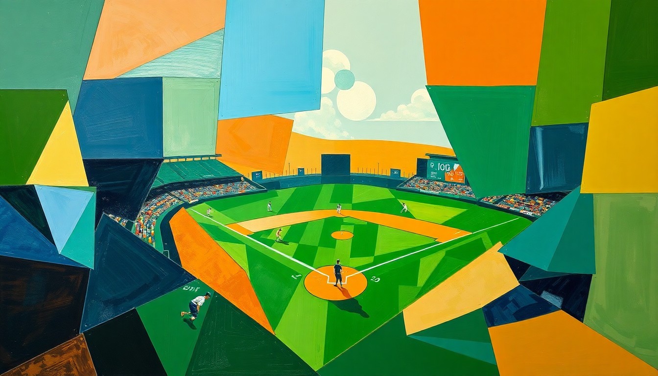 A cubist, geometric painting depicting a softball game broken down into sharp, overlapping planes of green, blue, and orange, conveying the dynamic energy and action of the sport.