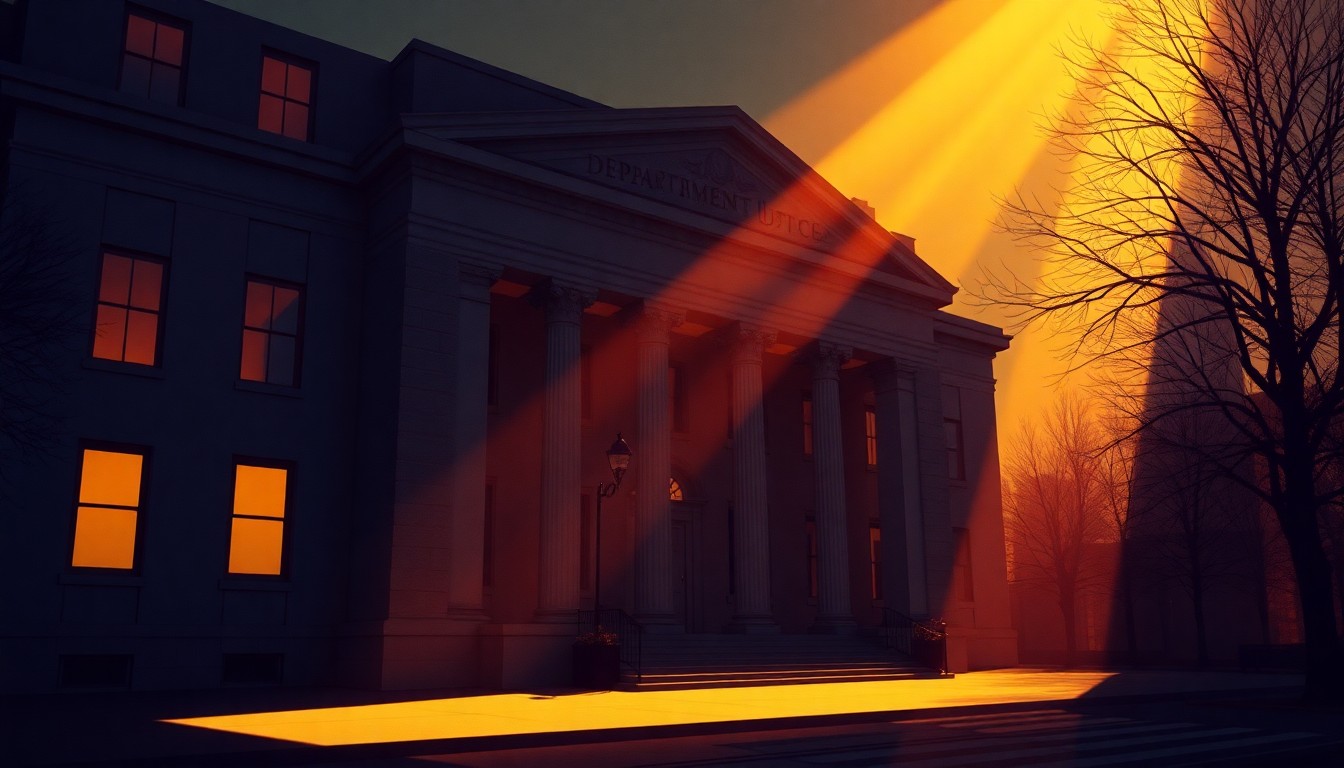 A photorealistic painting of the exterior of the Department of Justice building, with the facade bathed in warm, golden sunlight and deep shadows. The building appears quiet and contemplative, reflecting the serious nature of the political issues surrounding the new acting attorney general.